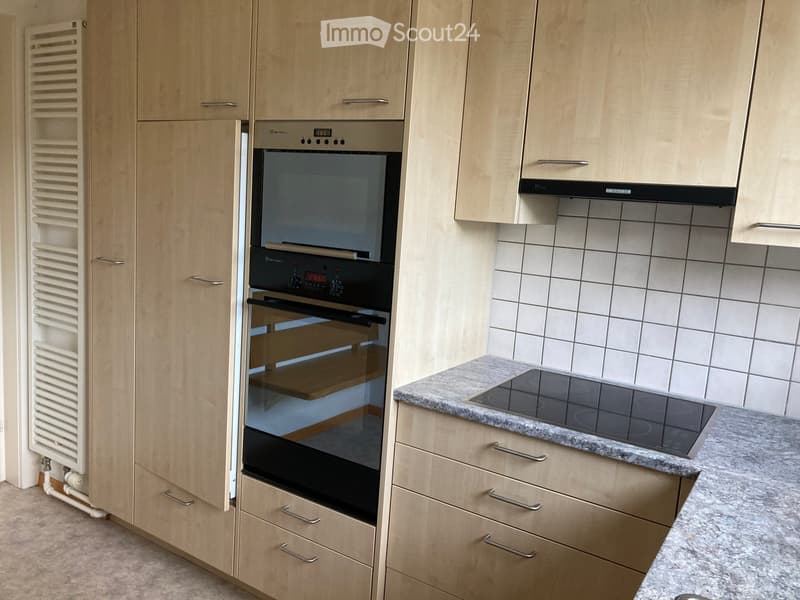 modern kitchen with integrated appliances, wooden cabinets, granite countertops, electric stove, built-in oven