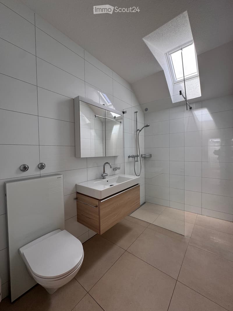 Modern bathroom with white tiles, a toilet, a sink with a wooden cabinet, a mirror, and a shower area with a glass enclosure. Natural light streams in from a skylight window.