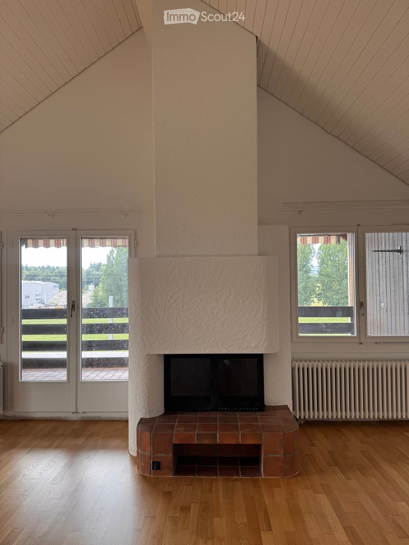 Empty room with wooden flooring, fireplace, large windows, and radiators.
