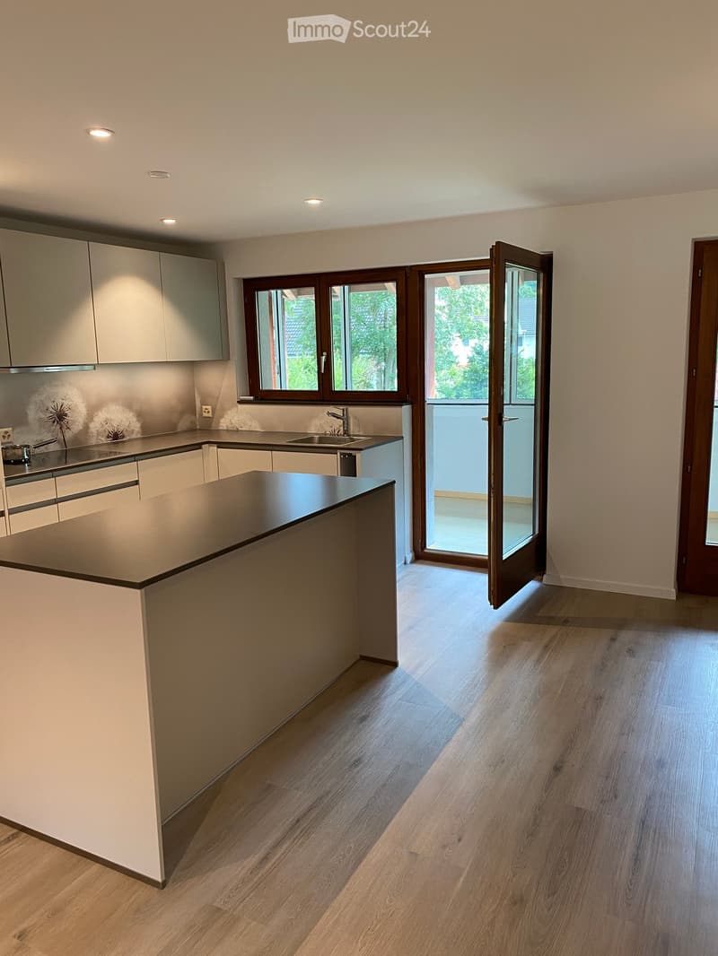 Modern kitchen with light-colored cabinets, a central island, and a sink area. The space features wooden flooring and large windows with an open sliding door leading outside.
