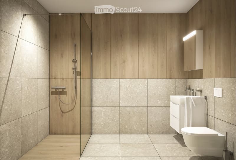 Modern bathroom with wooden walls, tiled floor, glass-enclosed shower, toilet, sink, and built-in cabinet.