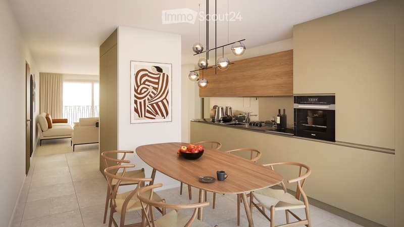 Modern open-plan living and dining area with a balcony view, featuring a sofa, dining table with chairs, kitchen area with cabinets and appliances, and decorative artwork.