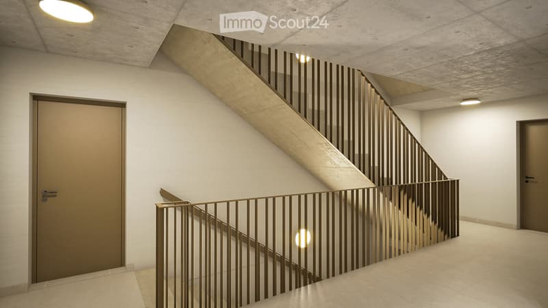 Modern hallway with a staircase featuring a metal railing, recessed lighting, and two doors on either side.