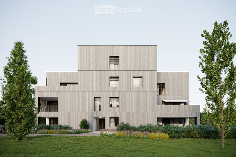 Modern, two-story house with a light wood facade, large windows, and a spacious front yard with trees and shrubs.