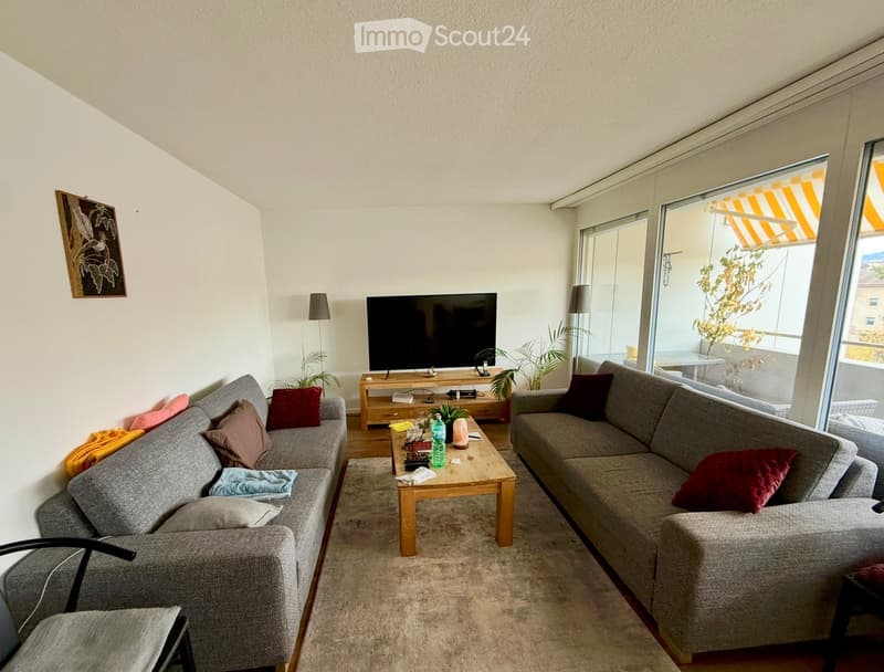 Modern living room with two grey sofas, a coffee table, a television on a wooden stand, and large windows with a view.