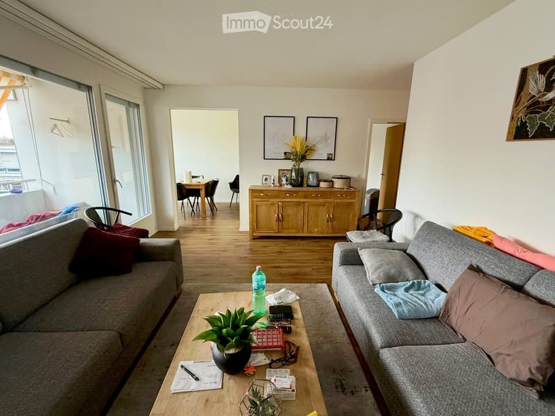 Living room with two sofas, coffee table, dining area with table and chairs, wooden cabinet, and decorative items.