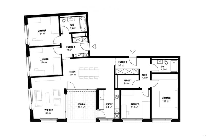 Floor plan of a 2-room apartment with living room, kitchen, dining area, two bedrooms, and two bathrooms.
