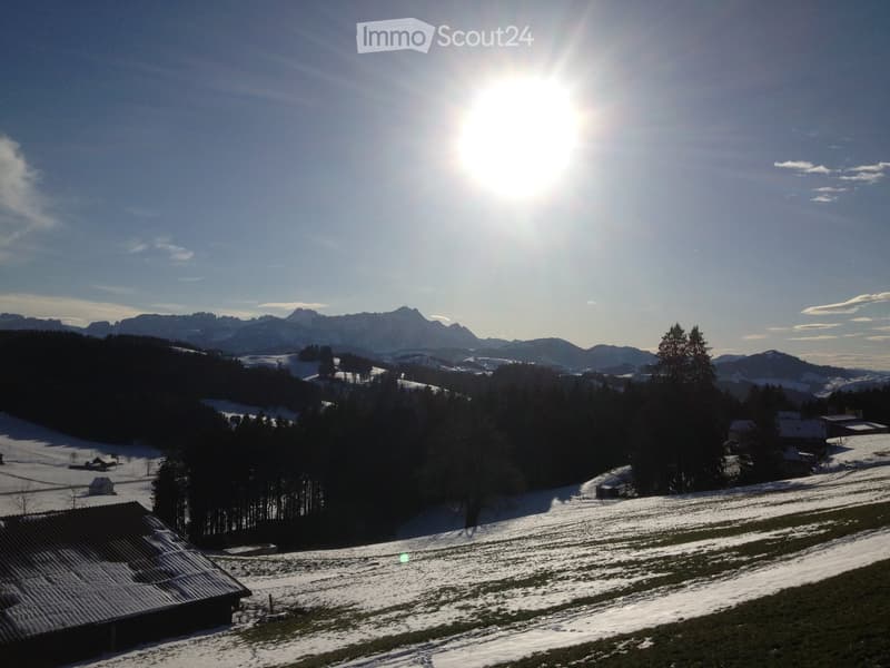 Snow-covered landscape with scattered trees, small wooden structures, and distant mountains under a clear blue sky with the sun shining brightly.