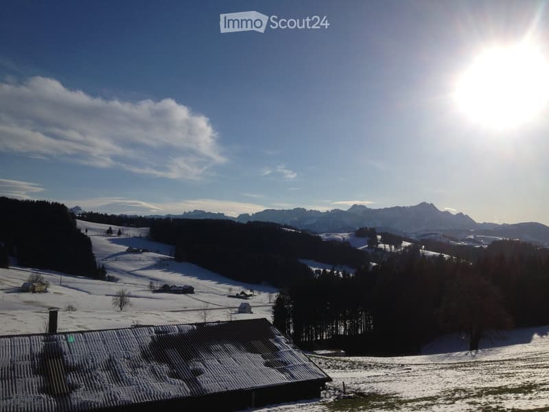 A serene winter landscape featuring snow-covered fields, scattered trees, and distant mountains under a clear blue sky with the sun shining brightly.