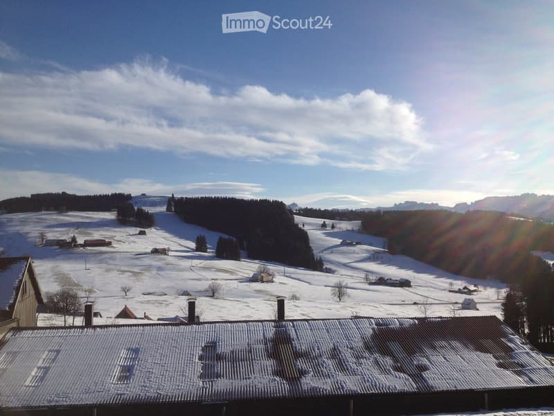 A snow-covered rural landscape with scattered houses, trees, and mountains in the background under a partly cloudy sky.