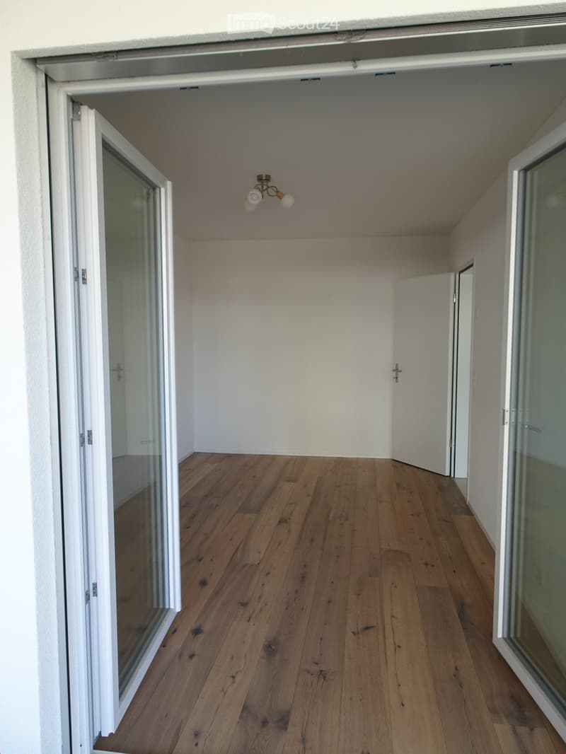 Empty hallway with wooden flooring, white walls, and a ceiling light fixture. Two glass doors are visible on either side.