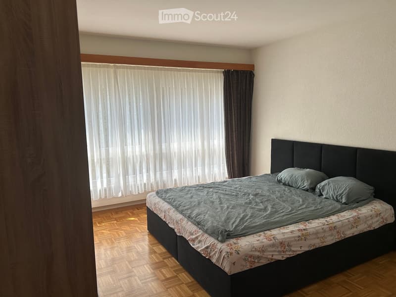 A modern bedroom with a large bed, dark headboard, and grey bedding, set against light-colored walls and wooden flooring.