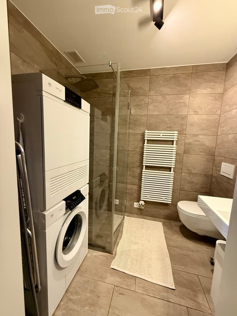 Modern bathroom with a washing machine, toilet, sink, glass-enclosed shower, radiator, and a bathroom rug.