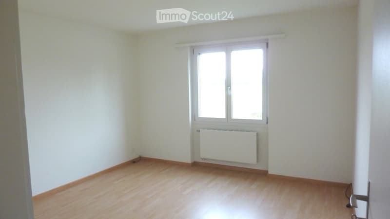 Empty room with wooden flooring, white walls, a window with white frame, and a white radiator below the window.