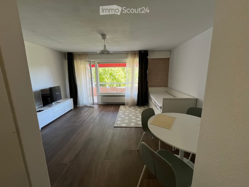 A modern, well-lit living room with a sofa, a small dining table with chairs, a television on a cabinet, and a large window with curtains leading to a balcony.