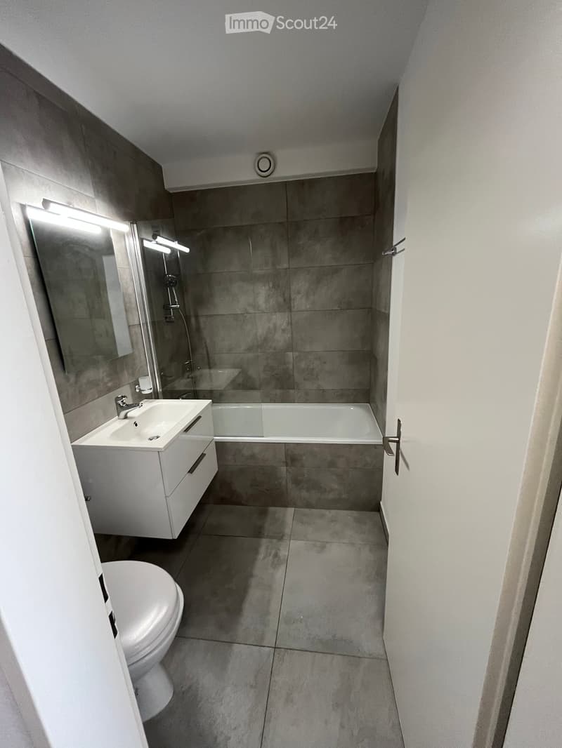 Modern bathroom with a white toilet, sink, bathtub, and large mirror. Features grey tiled walls and floor.
