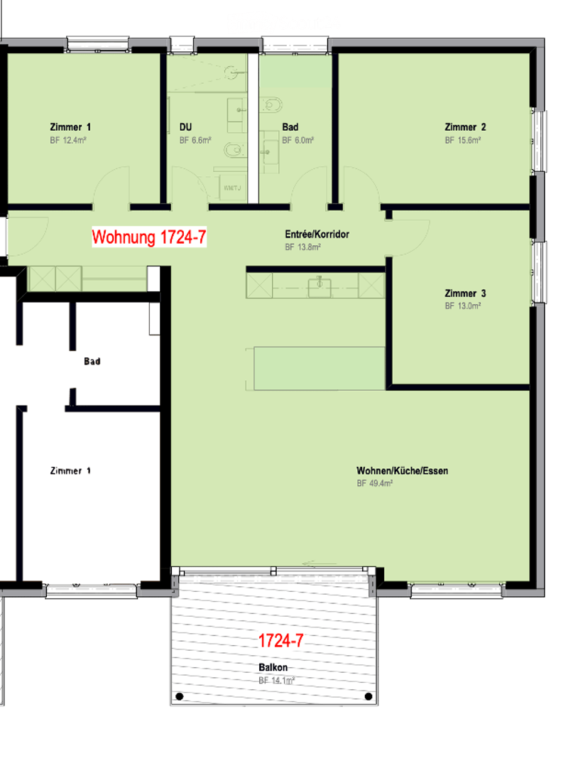 Floor plan of apartment 1724-7 with3 bedrooms, bathroom, kitchen, hallway, and balcony.