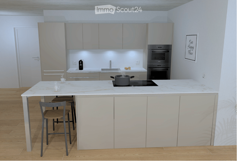 Modern kitchen with white cabinets, a central island, built-in stove and oven, and bar seating for two.