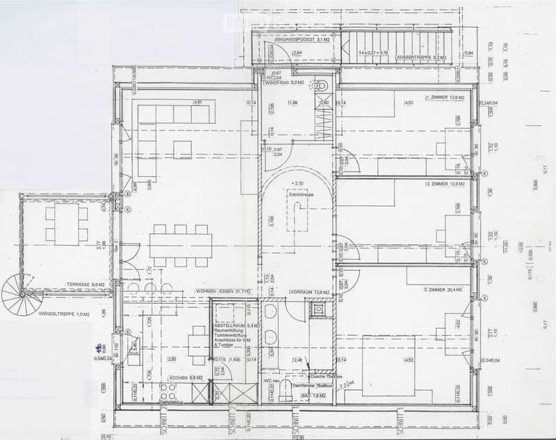 Floor plan of a residential space with labeled rooms including living-dining area, kitchen, three bedrooms, bathroom, storage room, and terraces.