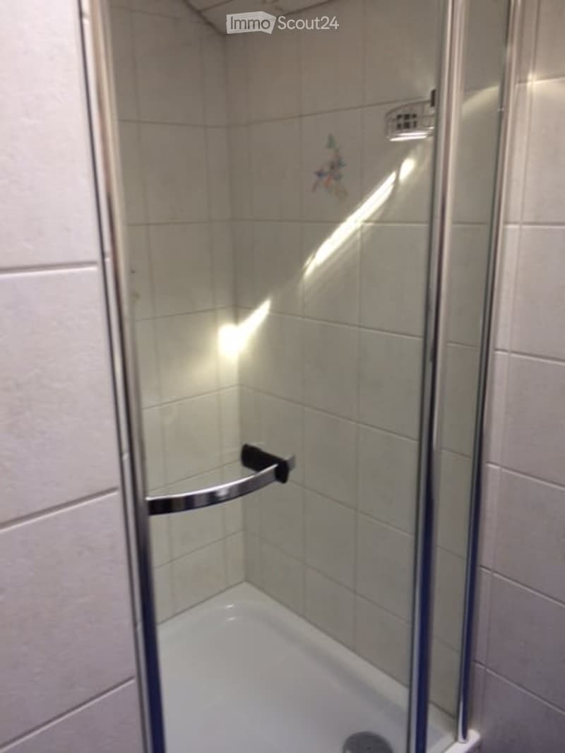 Modern shower stall with glass enclosure, tiled walls, and a built-in shower handle.