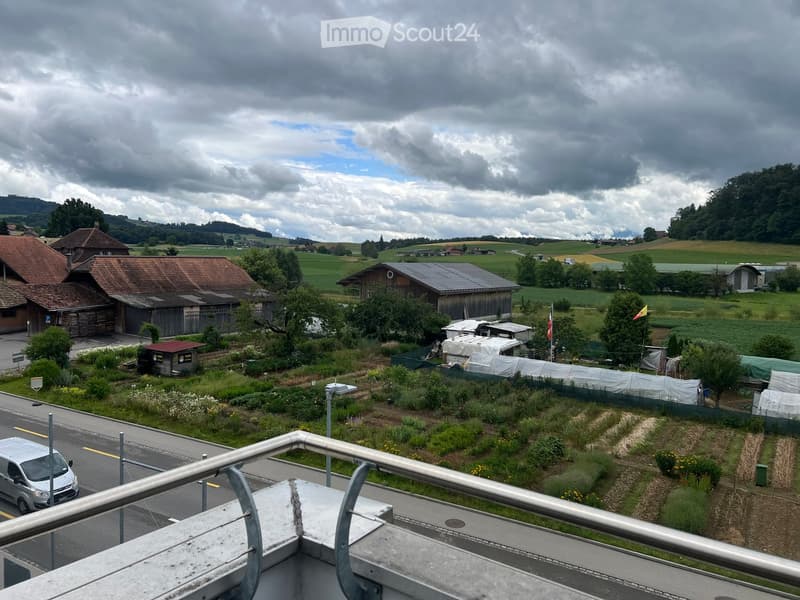 Balcony overlooking a rural landscape with houses, fields, and a road.