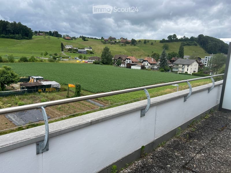 Balcony overlooking a rural landscape with green fields, scattered houses, and rolling hills under a cloudy sky.