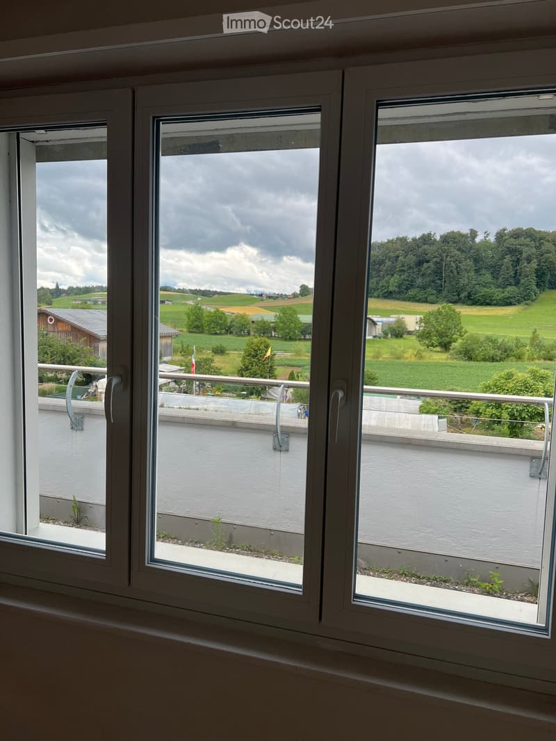 Balcony with metal railing, overlooking a green landscape with fields, trees, and a partly cloudy sky.