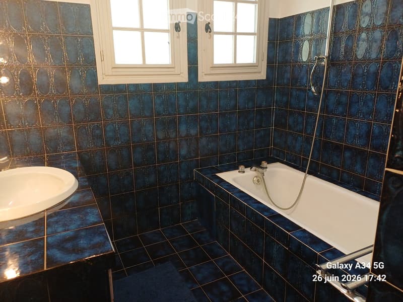 Bathroom with blue patterned tiles, a white bathtub, and a white sink.