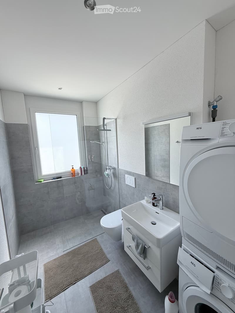 Modern bathroom with a white sink, toilet, glass-enclosed shower, washing machine, and a large window providing natural light.