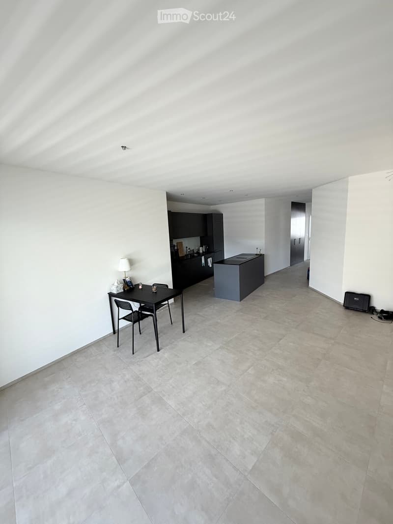 Open-plan space with a modern kitchen area and a dining area. Features include a black dining table with chairs, a lamp, and sleek kitchen cabinets.