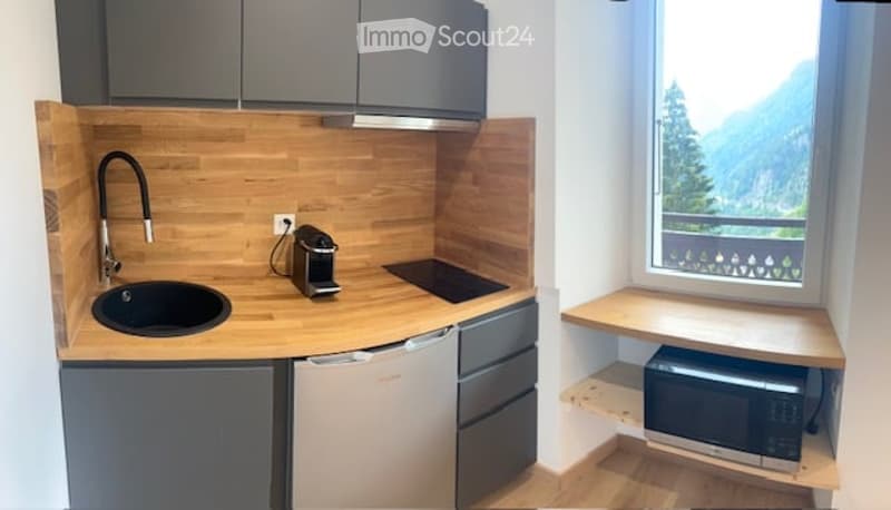 Modern kitchen with wooden countertops, stainless steel appliances, and a scenic mountain view through a large window.