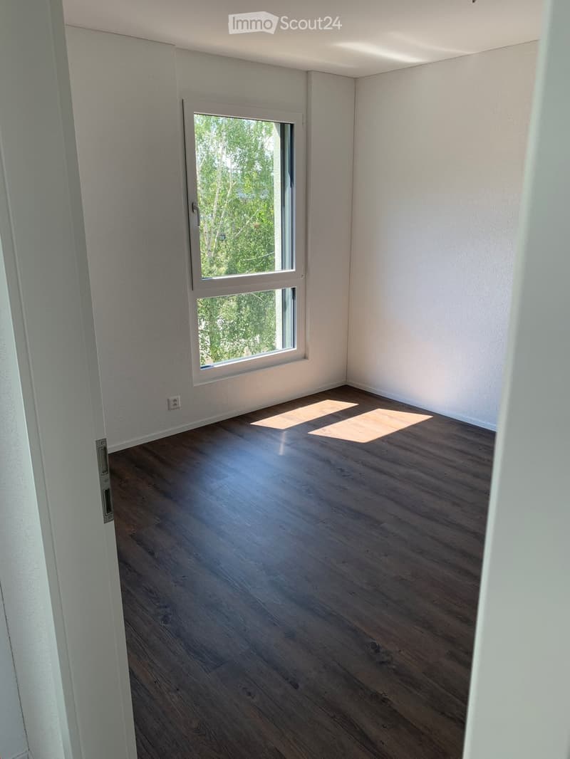 Empty room with wooden flooring and white walls, featuring a large window with a view of greenery outside.