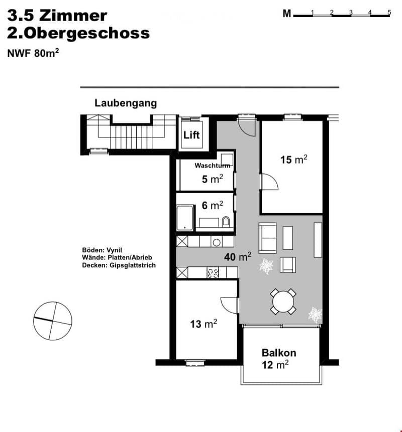 Floor plan of a 3.5-room apartment on the 2nd upper floor, 80 m², featuring a hallway, lift, laundry room, living area, bedroom, and balcony.