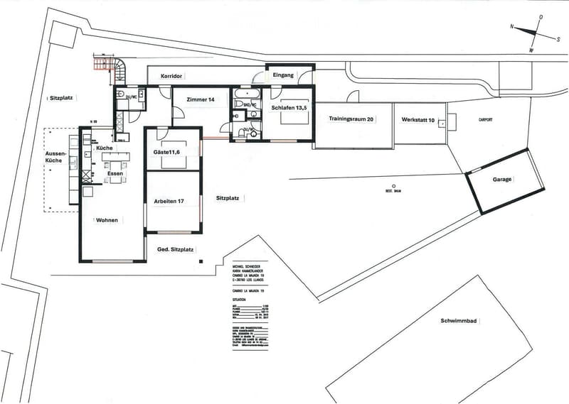 Floor plan showing multiple rooms including a kitchen, living area, bedroom, training room, workshop, and garage. Also includes a swimming pool and outdoor kitchen area.