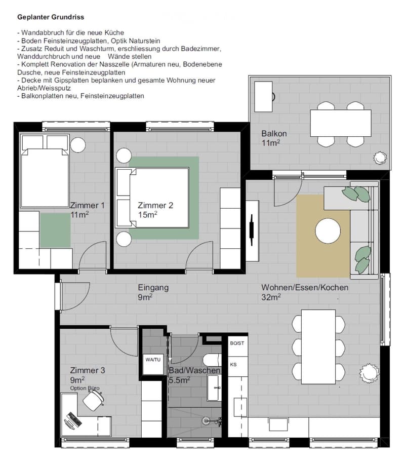 Floor plan showing a 32m² living/dining/kitchen area, three bedrooms (11m², 15m², 9m²), a5.5m² bathroom, and an 11m² balcony.