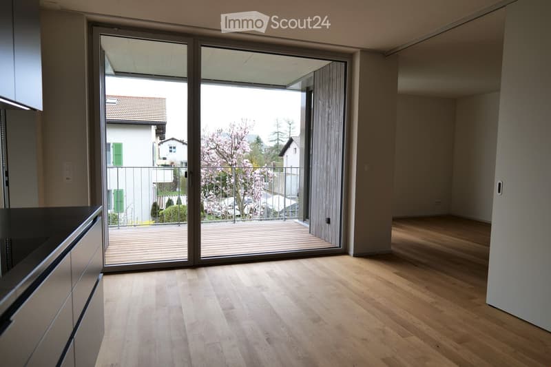 Empty room with light wooden flooring, large sliding glass doors leading to a balcony, and a view of a residential area with trees and houses.