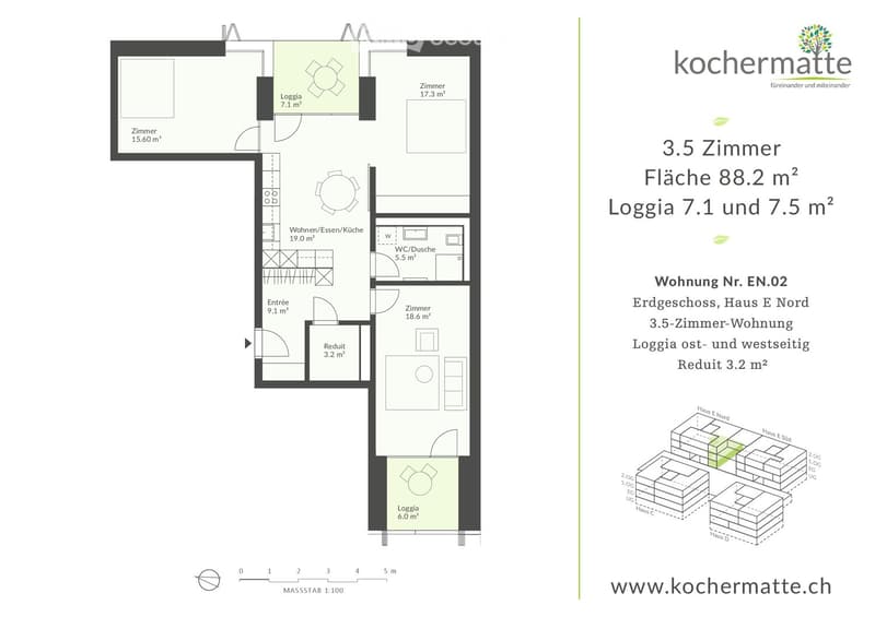 Floor plan of a 3.5-room apartment with living/dining/kitchen area, two bedrooms, two loggias, a WC/shower, and a small study.