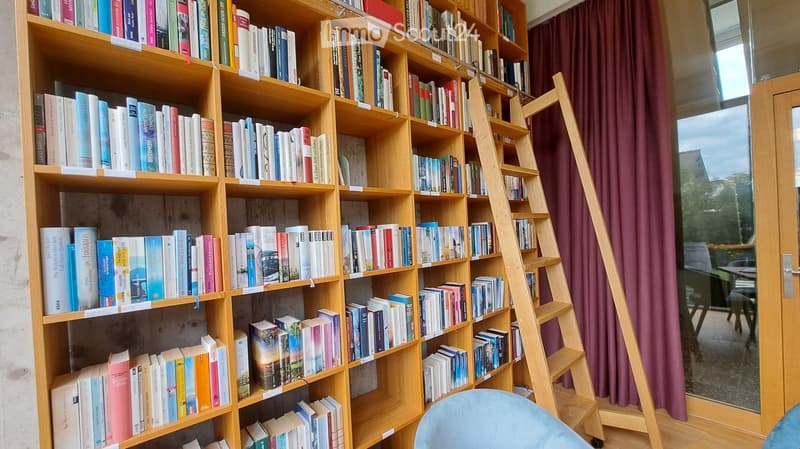 A cozy room with wooden bookshelves filled with books, a small blue stool, and a wooden ladder leading to higher shelves.