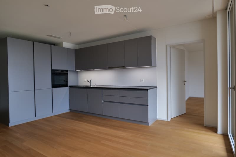 Modern kitchen with grey cabinets, wooden flooring, and a sink with a faucet. An oven is integrated into the cabinetry.