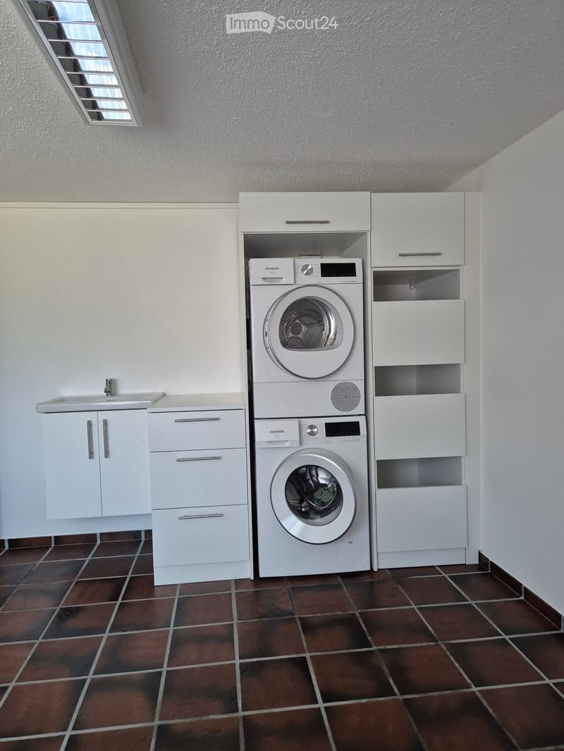 Modern bathroom with white cabinets, a sink, and stacked Siemens washing machine and dryer unit.