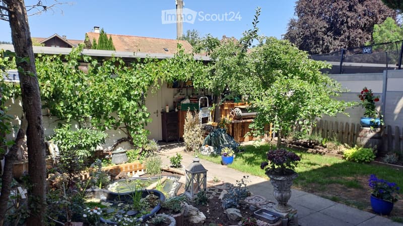 A well-maintained garden with a small pond, various plants, trees, and decorative elements like a lantern and a fountain. The area is enclosed by a wooden fence and features a pathway leading to a shed.