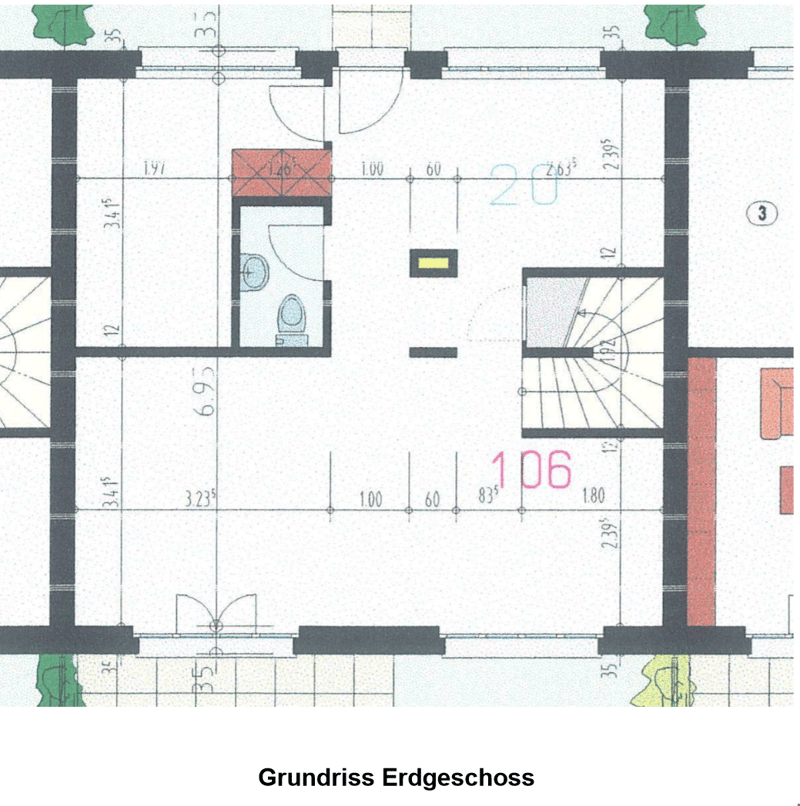 Floor plan of a ground floor showing a living room, kitchen, two bedrooms, and a bathroom.