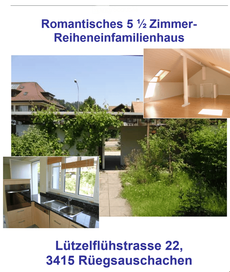 A collage showcasing a romantic 5.5-room row family house, including exterior views, a modern kitchen, and a spacious, well-lit room with wooden flooring.