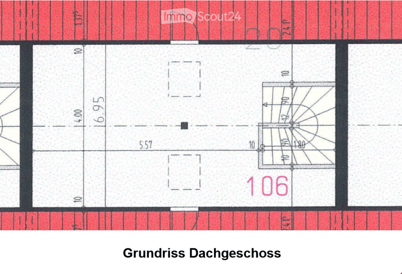 Floor plan of a roof level showing a large open space with two smaller enclosed areas, likely storage or utility rooms, and a circular feature possibly a skylight or dome.