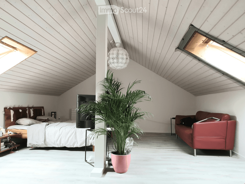 Modern, open-concept room with a slanted wooden ceiling, white walls, and light grey flooring. Features a red leather sofa, a bed with white bedding, a large potted plant, a hanging decorative lamp, and a television screen.