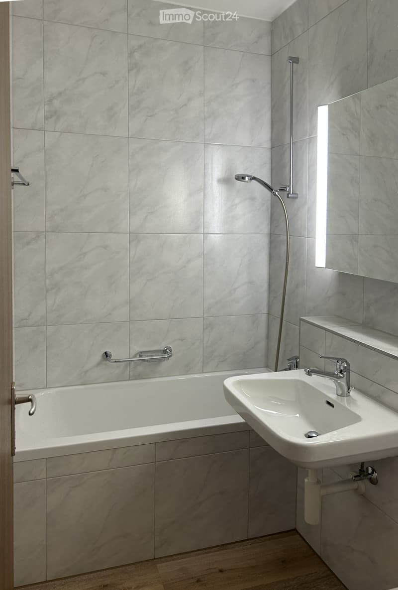 Modern bathroom with marble tiles, a bathtub, a sink, and a mirror. Features a handheld showerhead and grab bars for safety.