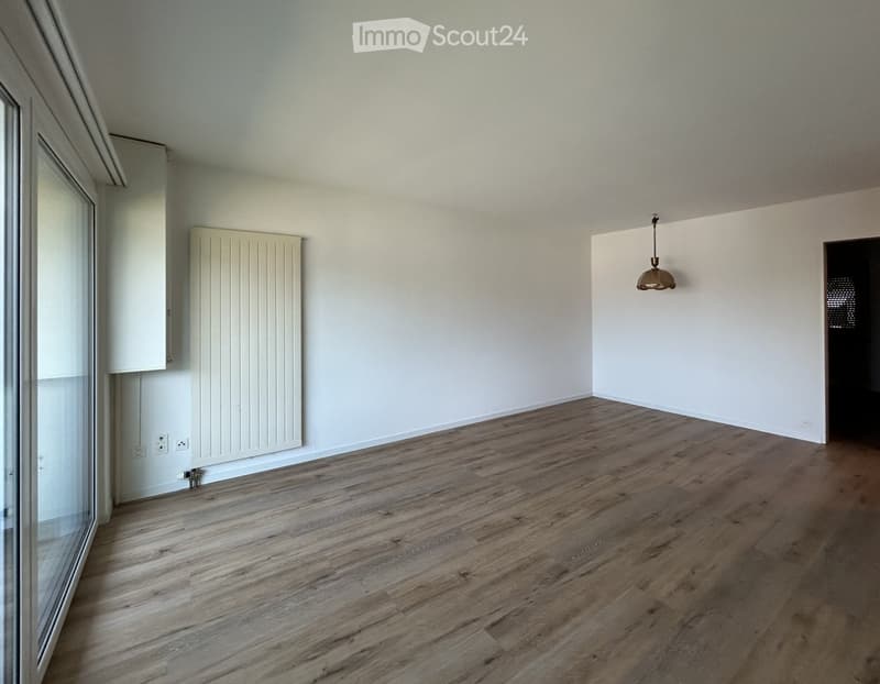 Empty room with wooden flooring, white walls, radiator, and a hanging light fixture.