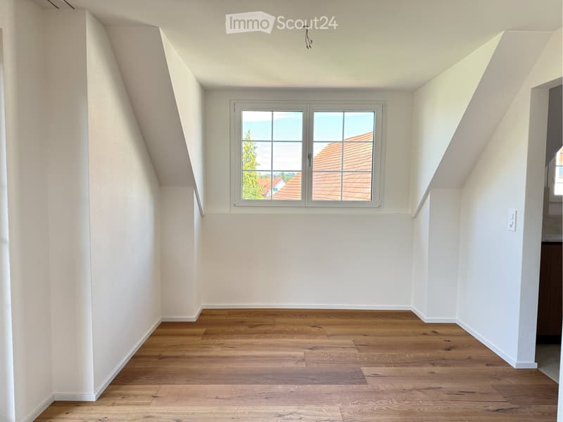 Empty attic room with wooden flooring, white walls, and a large window offering a view of the roof and surrounding area.