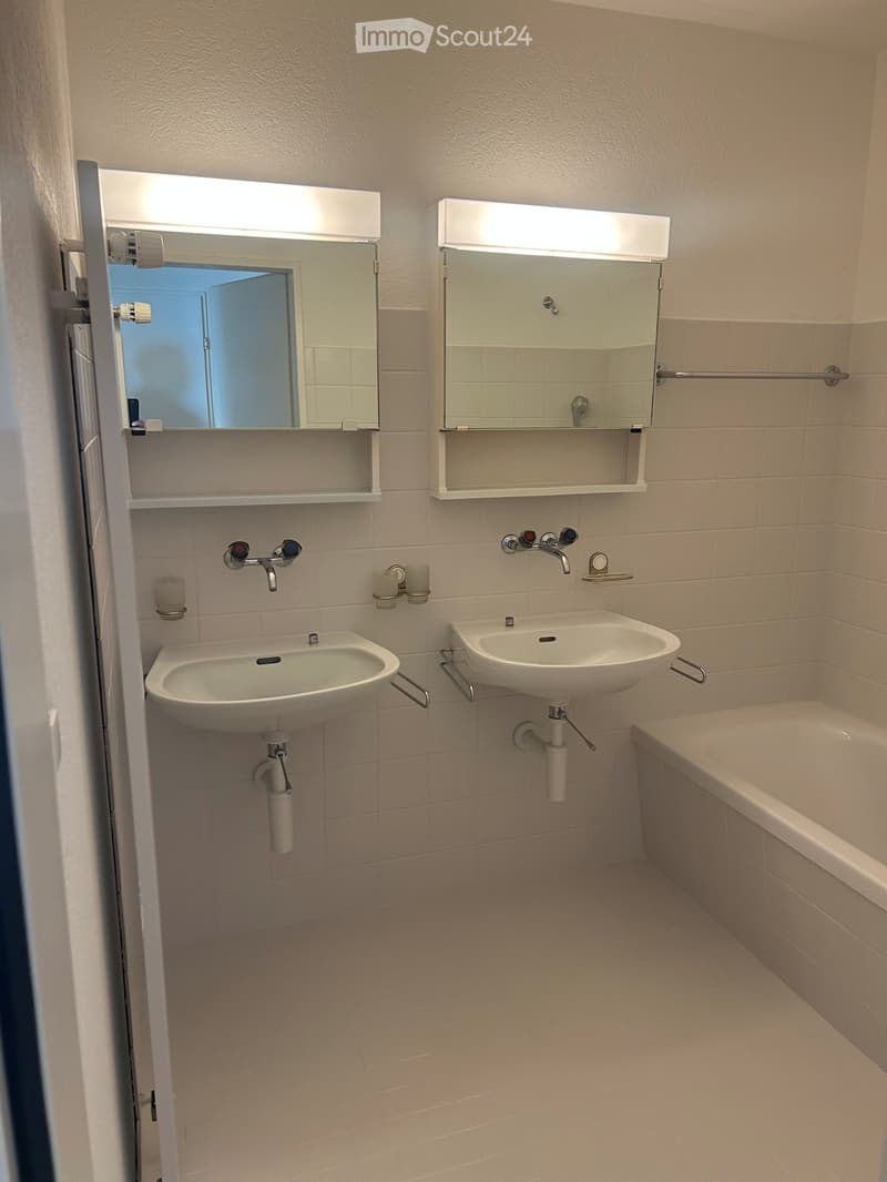 Modern bathroom with two sinks, a bathtub, and mirrored cabinets above the sinks.