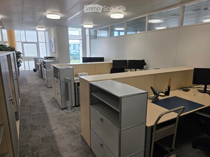 Modern office space with desks, chairs, computer monitors, cabinets, and a fan. Large windows provide natural light, and there is a plant in the corner.